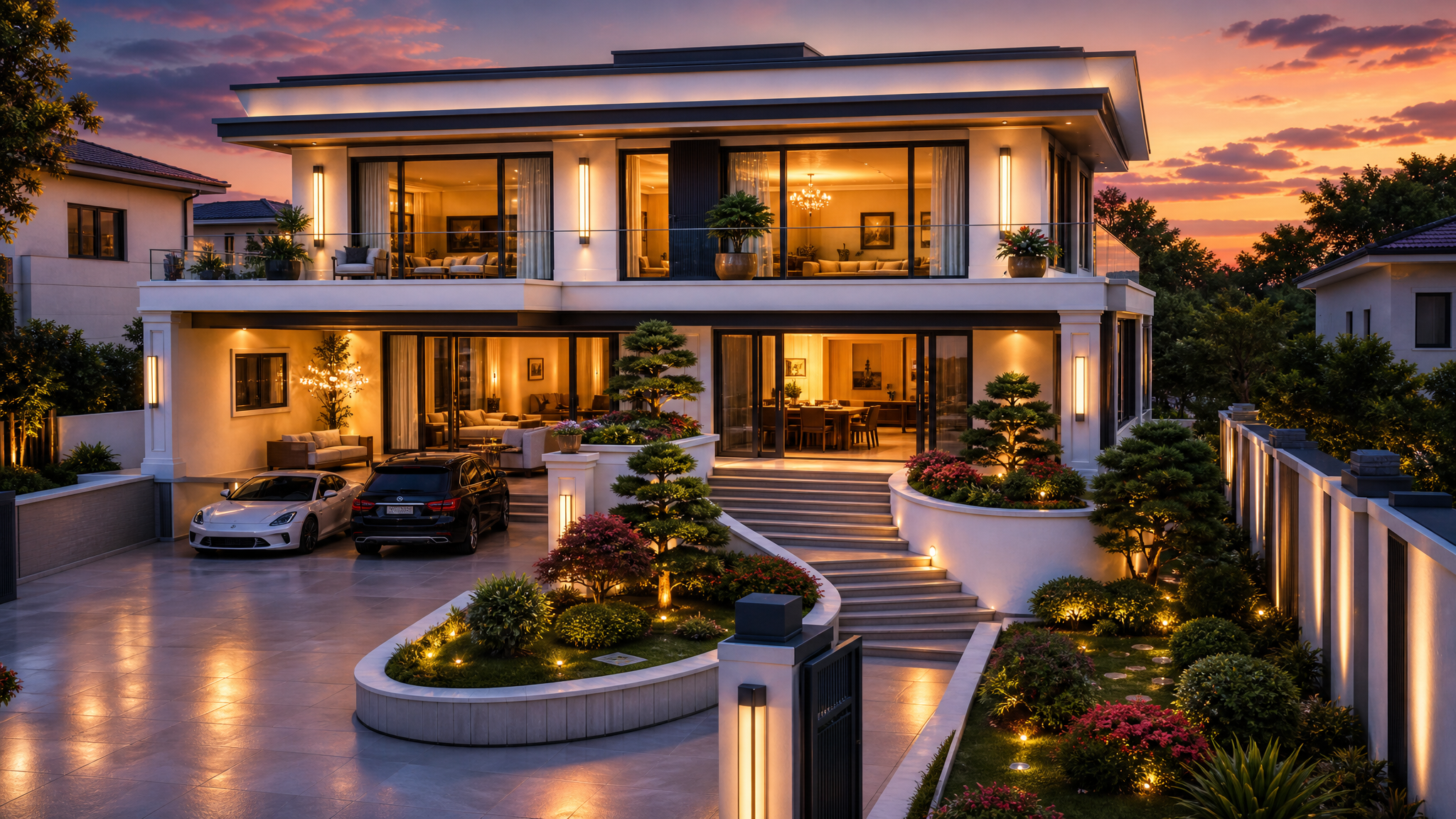 Duplex — Front View at Dusk